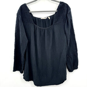 Soft Surroundings Gauzy Lace Top Size 2X Black Cotton Square Neck Boho Peasant